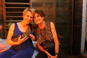 L-R Clara Lee Arnold, director of HBHS and Sharon Matola, founder of The Belize Zoo posing for a picture before we all crashed for the night. We all took turns holding this baby croc that Sharon is nursing back to health. 