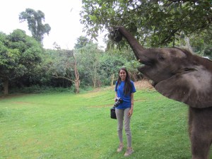 Jasmin walking with Charles while he picks leaves from a tree